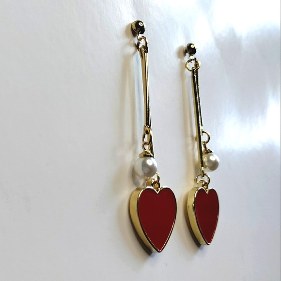 Gold Red Heart Pearl Long Dangle Earrings - Picture 3 of 6